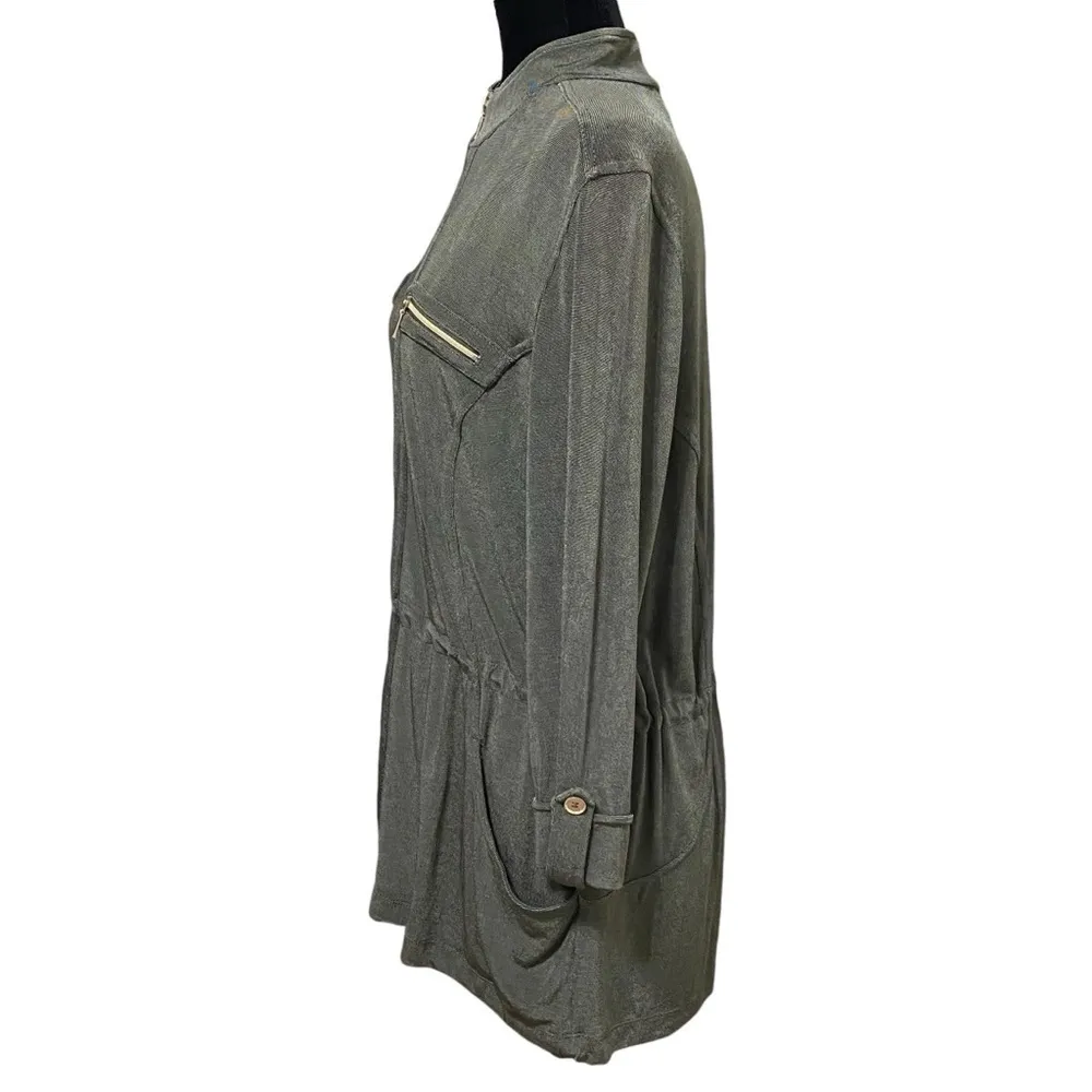 Chico’s Travelers Olive Slinky Knit Zip Jacket Drawstring Waist Size 2 Large - Image 3