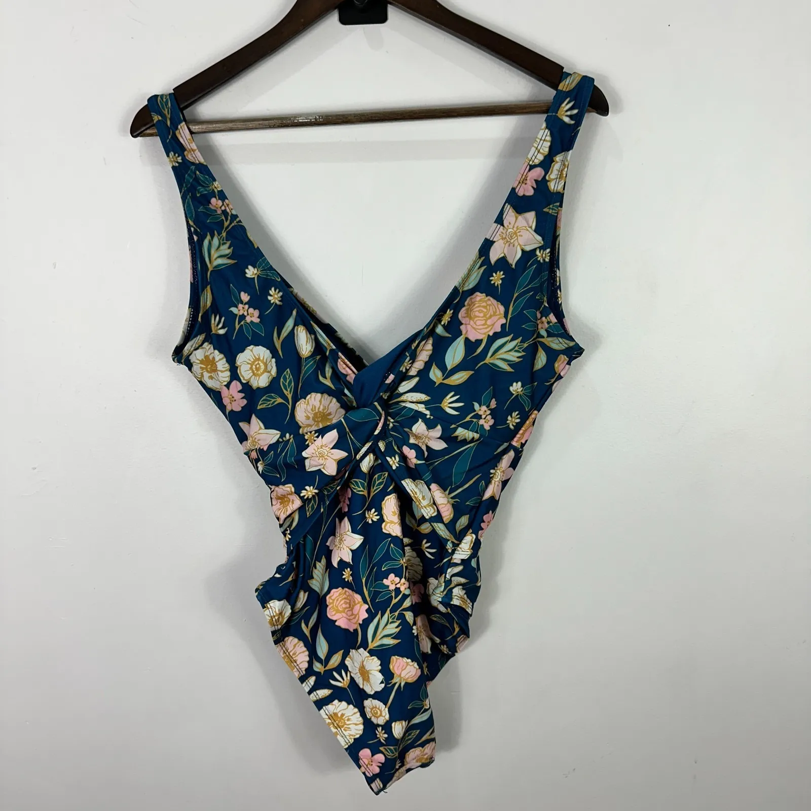 Nicole Miller Studio One Piece Swimsuit L Blue Floral Retro Ruched Pinup‎ Resort - Image 3