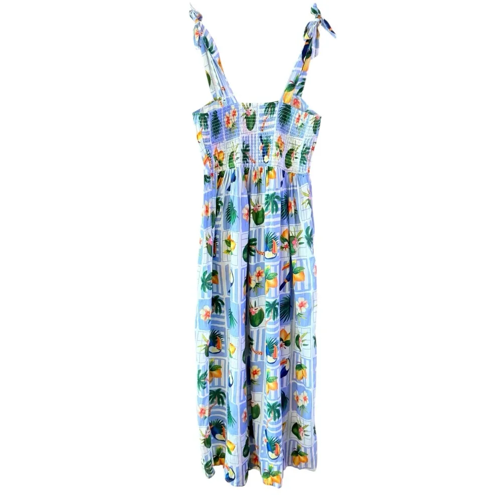 TRUE DESTINATIONS Tropical Toucan Print Tie Strap Midi Sundress Vacation Size L Blue Size L - Image 2