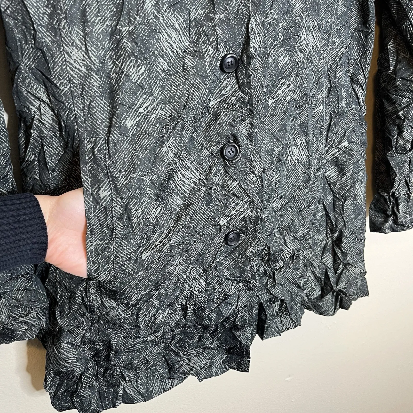 Sun Kim Jacket Boyfriend Crinkle Textured Grey Black S Lagenlook Artsy Art Teach Gray - Image 5