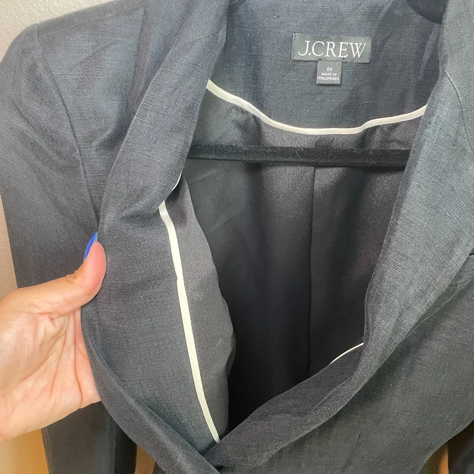 J CREW Blazer Linen Cupro Blend Size 00 Shoulder Pads Two Buttons Office Siren Black - Image 7