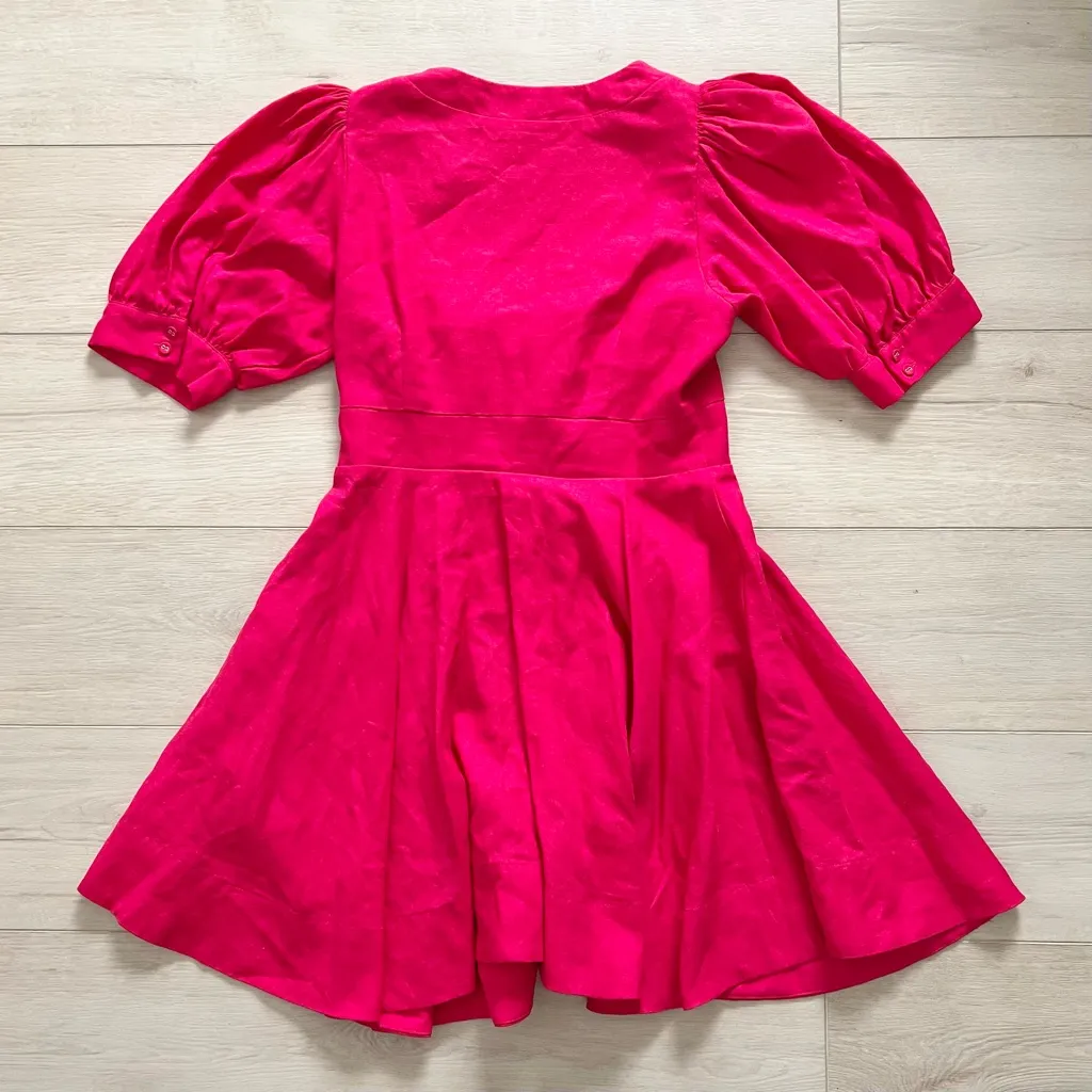 House of Harlow 1960 Hot Pink Linen Blend Puff Sleeve Mini Dress - Image 4
