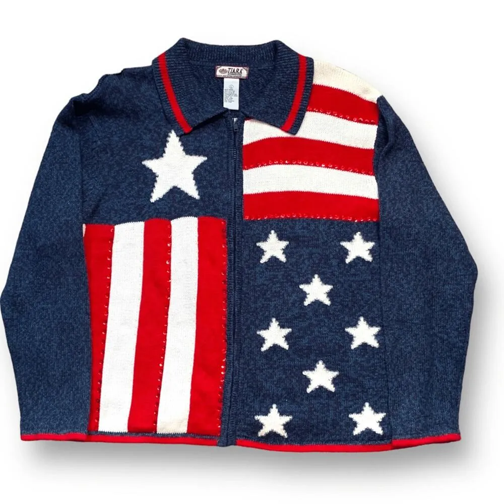Vintage Y2K Patriotic Zip Cardigan Sweater Large Blue Red Stars Stripes USA Flag - Image 2