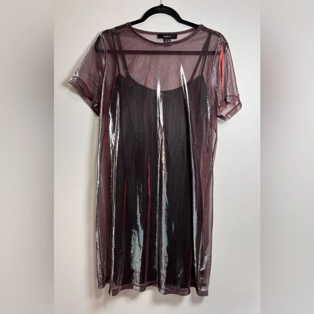 FOREVER 21 Y2K Metallic Mesh Holographic T-Shirt Mini Dress Women’s Sz 0X EUC - Image 2