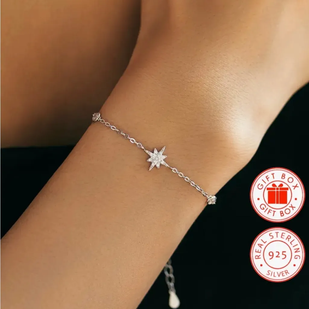 925 Silver Thin Chain Elegant Star Bracelet New in Box With Gift Box - Image 4