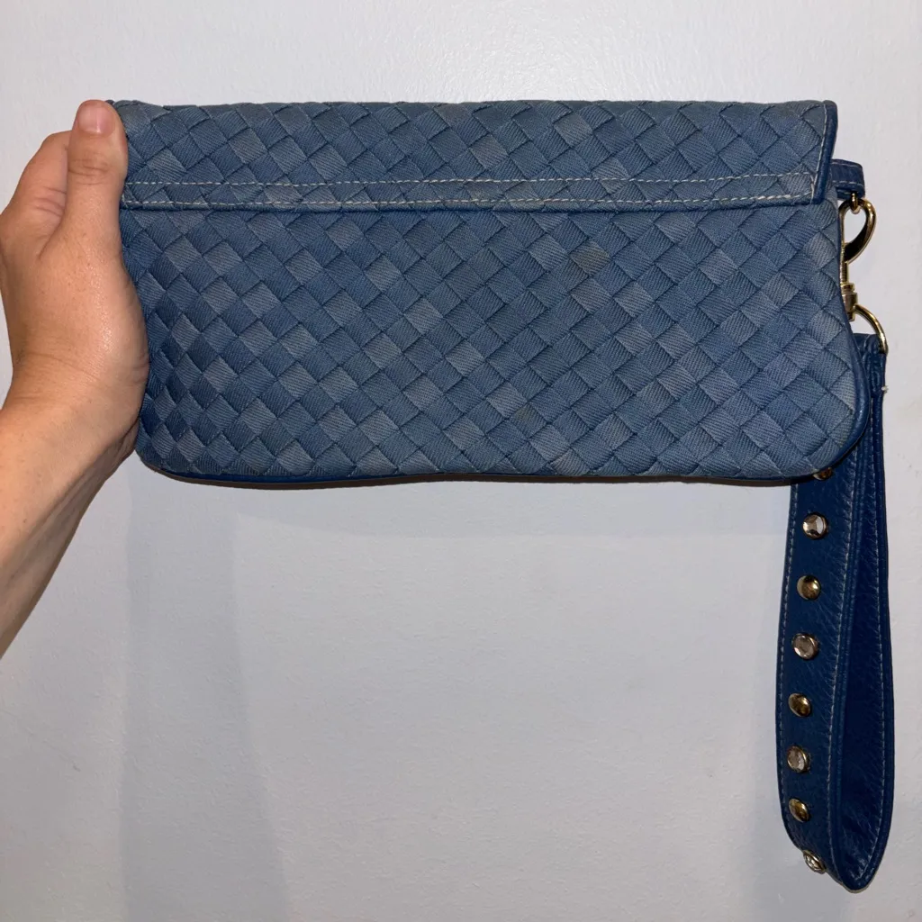 Baby Phat Blue Woven Jean Cotton Clutch with Gold Crown Chunky Embellishments - Image 6