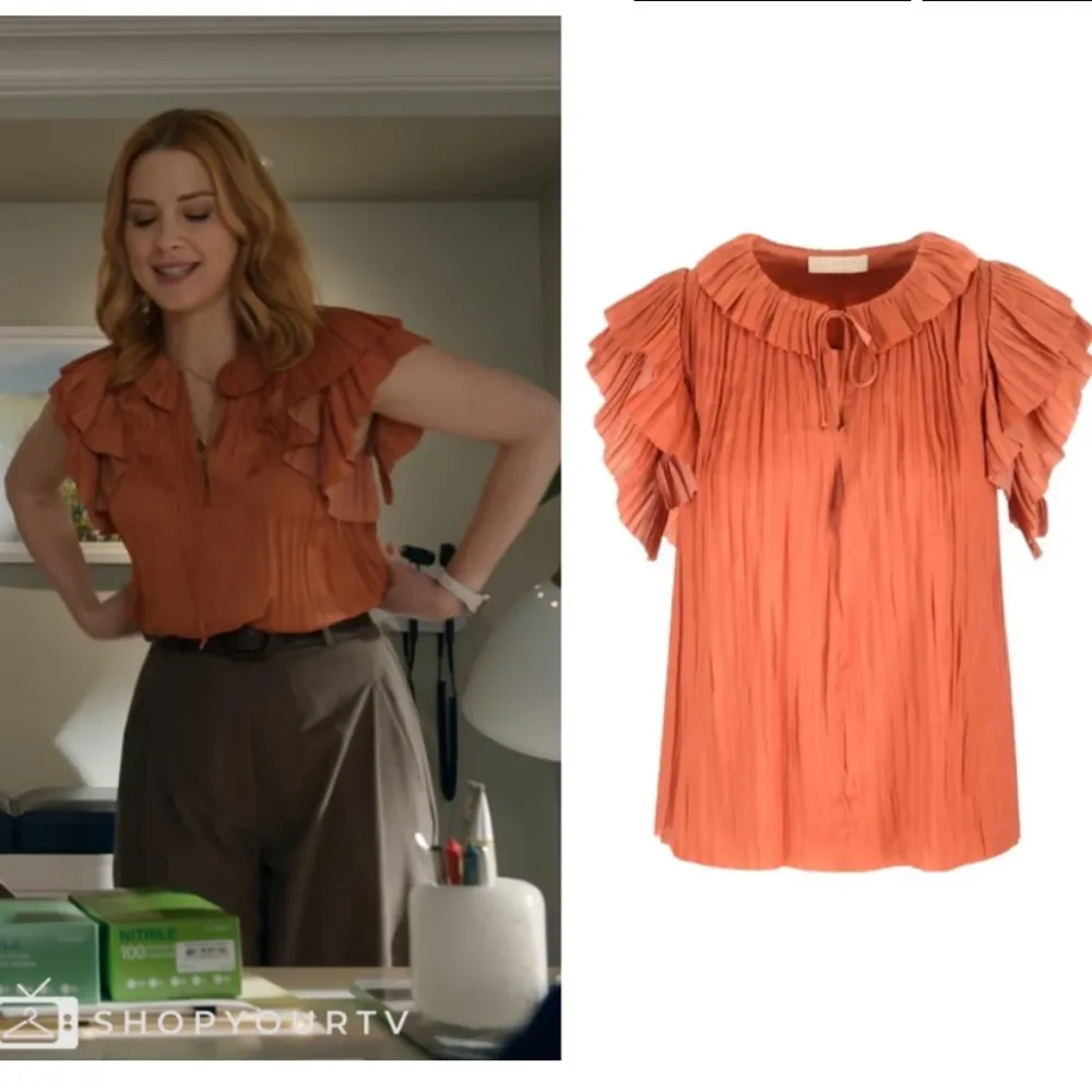 ULLA JOHNSON Elli Top Satin Blouse Shirt Orange Size 2 As Seen On TV Pleated Tie - Image 7