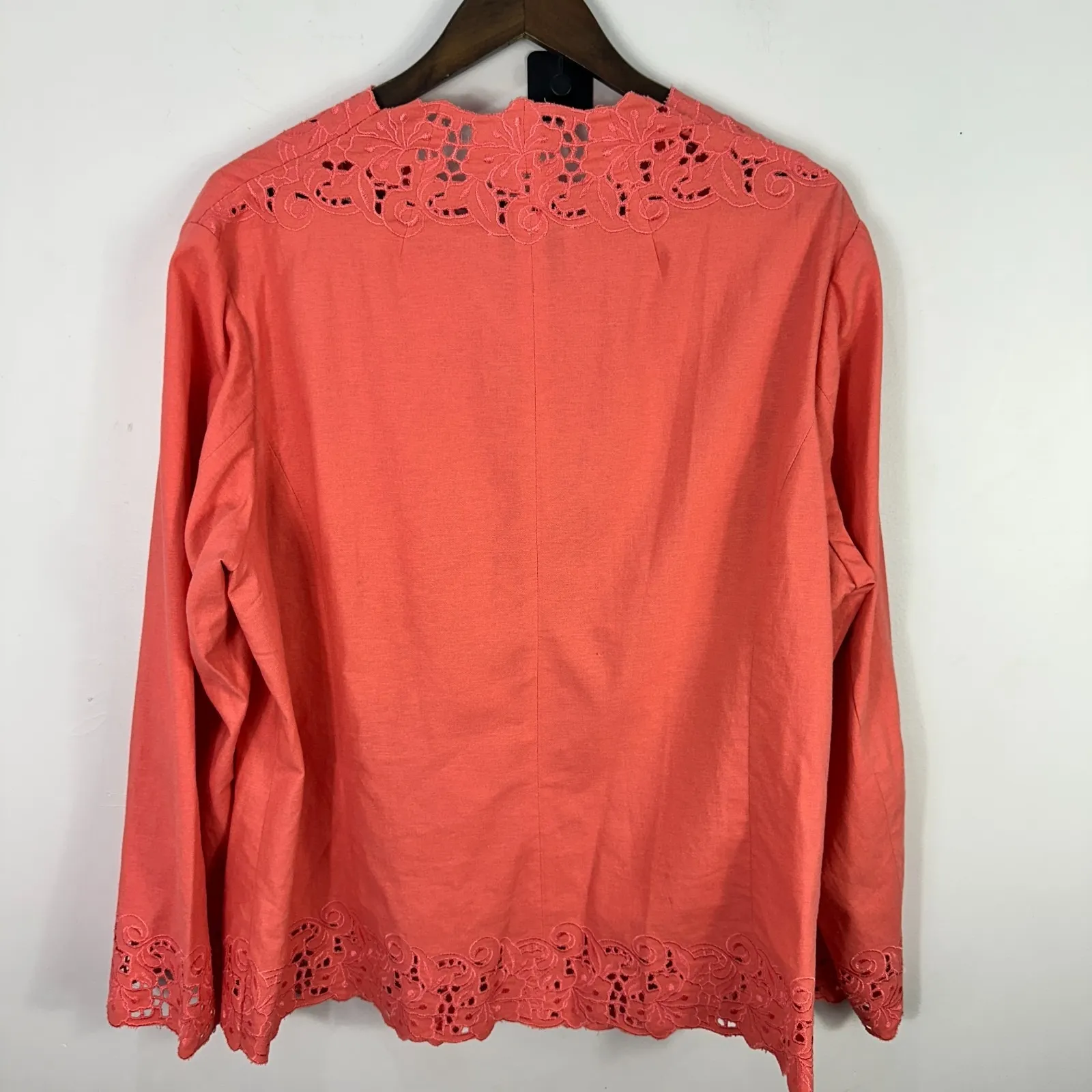 Susan Graver 1X Coral Linen Blend Eyelet Button Jacket Boho Cottagecore Romantic - Image 3
