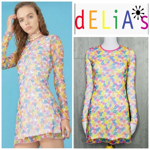 Delia’s floral sheer lined flower power long sleeve short spring dress xs - Image 2
