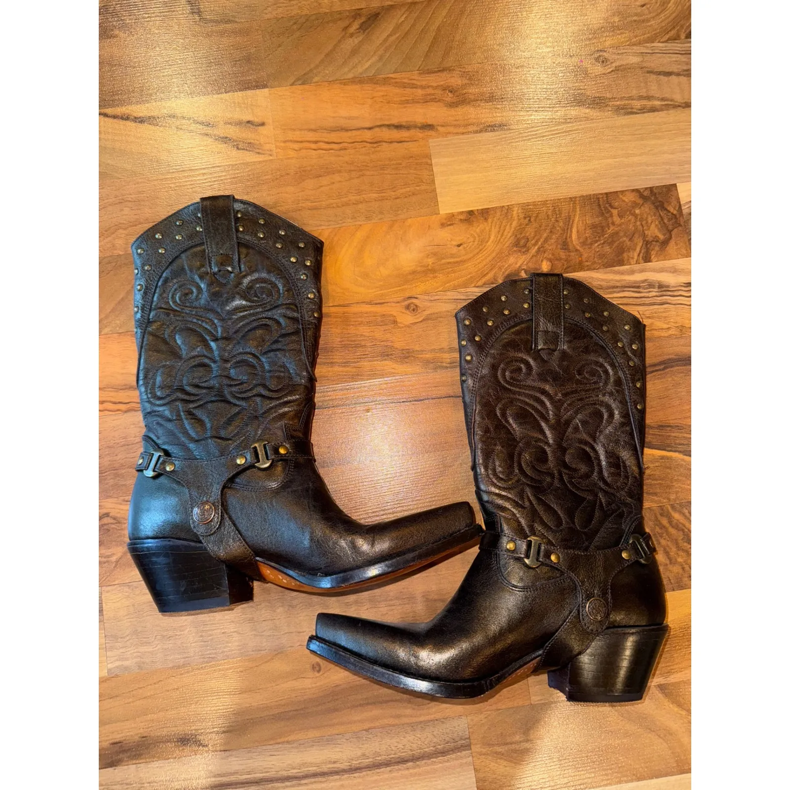 Womens bronze Leather Western Cowboy Boots Studded Harness Detail‎ Pointed Toe 6 - Image 3