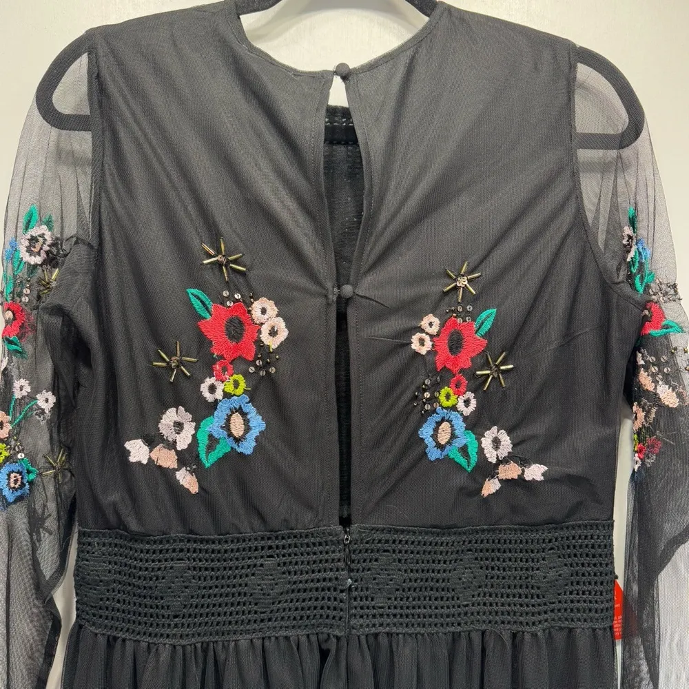 Floral Embroidered Black Maxi Dress Sheer Overlay & Long Sleeves Frock & Frill Size 14 - Image 6