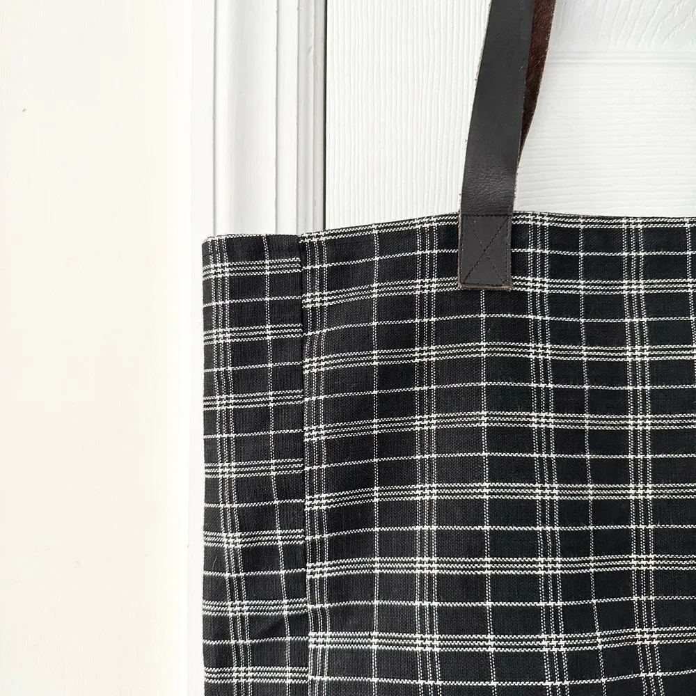 FEED Black White Grid Plaid Brown Leather Strap Tote Bag Nest Artisans - Image 3