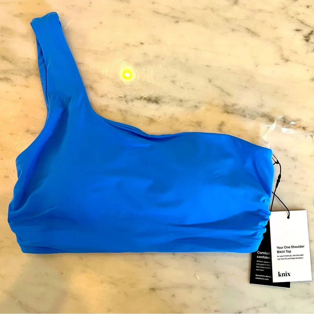 New with Tags Knix One Shoulder Bikini Top Sz M+ 8 10 34D E F Blue Cups $65 Size M - Image 2