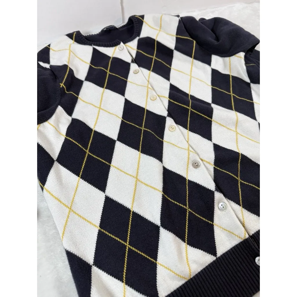 Lands End Sweater Womens Medium Argyle Navy White Crew Neck Long Sleeve Academia - Image 5