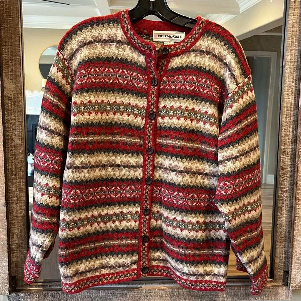 Vintage Crystal Kobe Shetland Wool Sweater Nordic Red Fair Isle Womens Small - Image 6