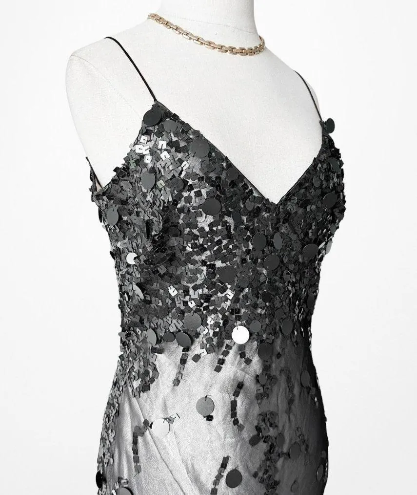 Vintage Gray Black Silk Sequin Beaded Mesh Bodycon Maxi Formal Prom Dress Size S - Image 6