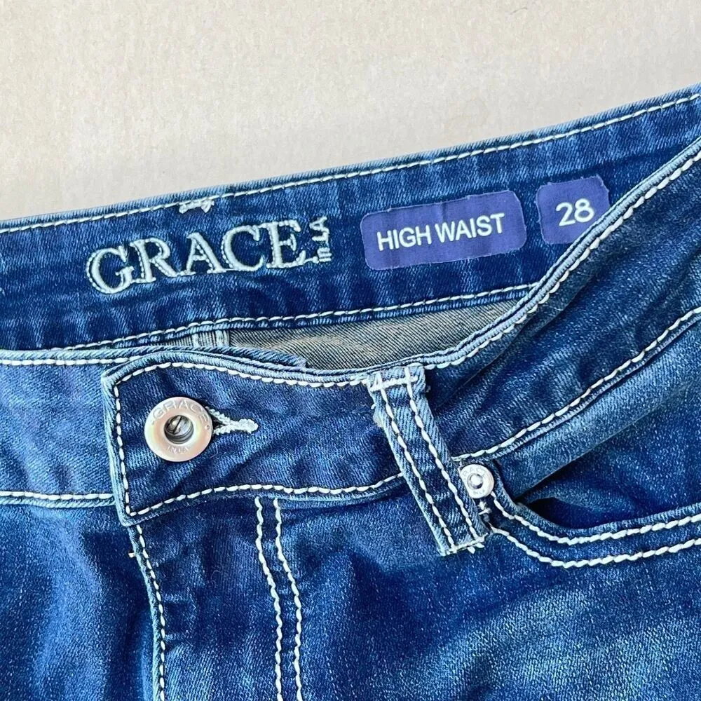 GRACE Cowgirl womens high rise bootcut jeans blue rodeo western denim print 28 - Image 7