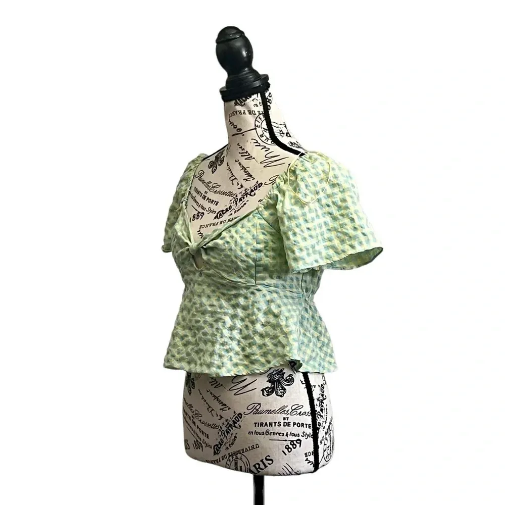 NWT Kirious Los Angeles Gingham Peplum Top S Cropped Boho Fairy Preppy Pinup Green - Image 3