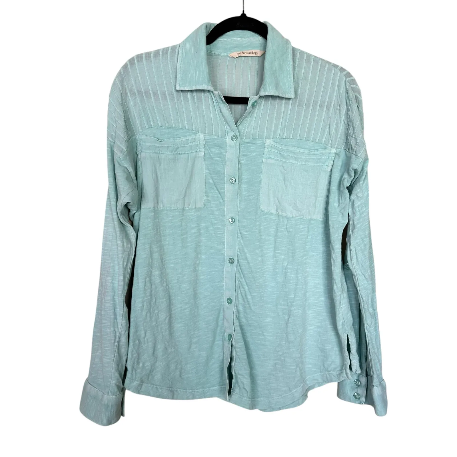 Soft Surroundings Aqua Long Sleeve Button Down Pocket Front Woven Tunic Sz XS - Image 2