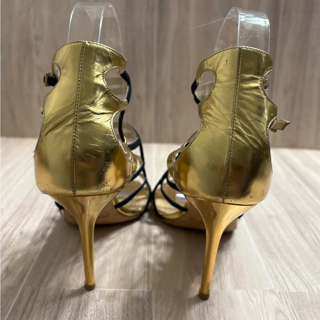 Jimmy Choo Bunting Gold and Black Suede Leather Myth Strappy Caged Heels - Image 5