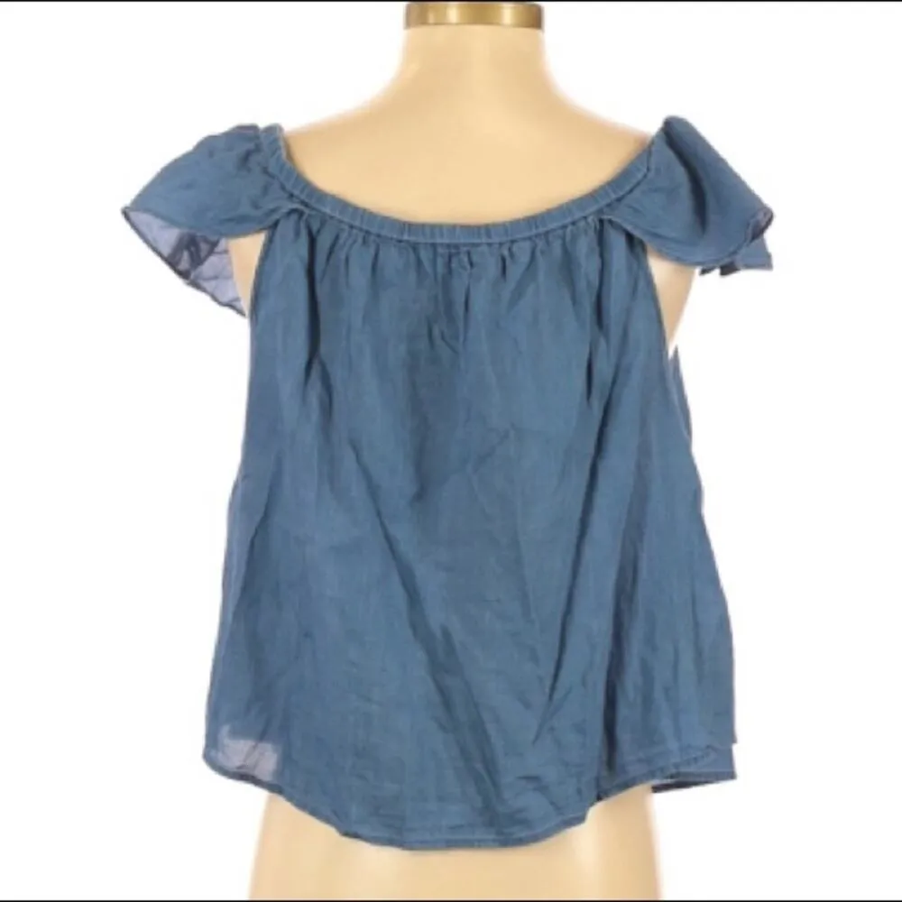 Madewell Chambray Flutter Sleeve Cropped Blouse Womens M Blue Coastal Girly Top - Image 2