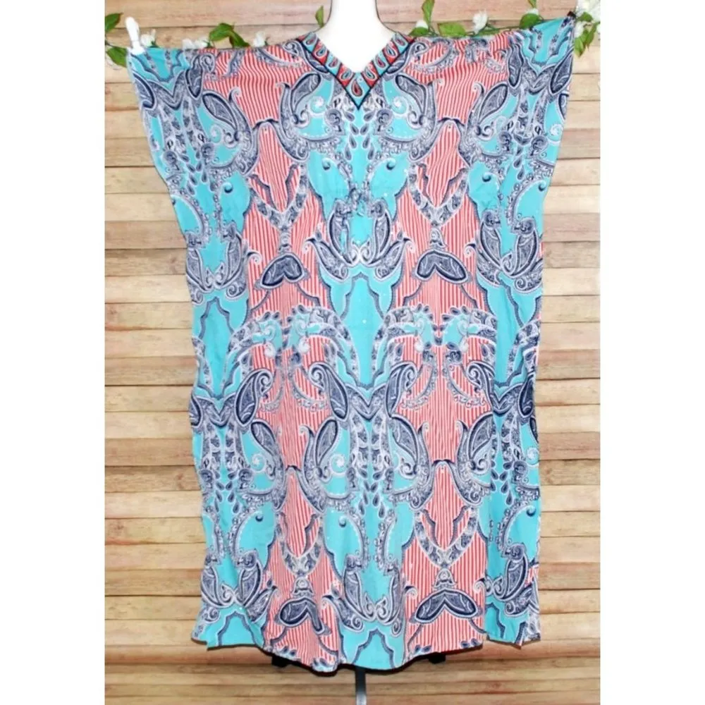 Riviera Sun Caftan Patio Dress Colorful Studded Size Free Plus Paisleys V - Image 4