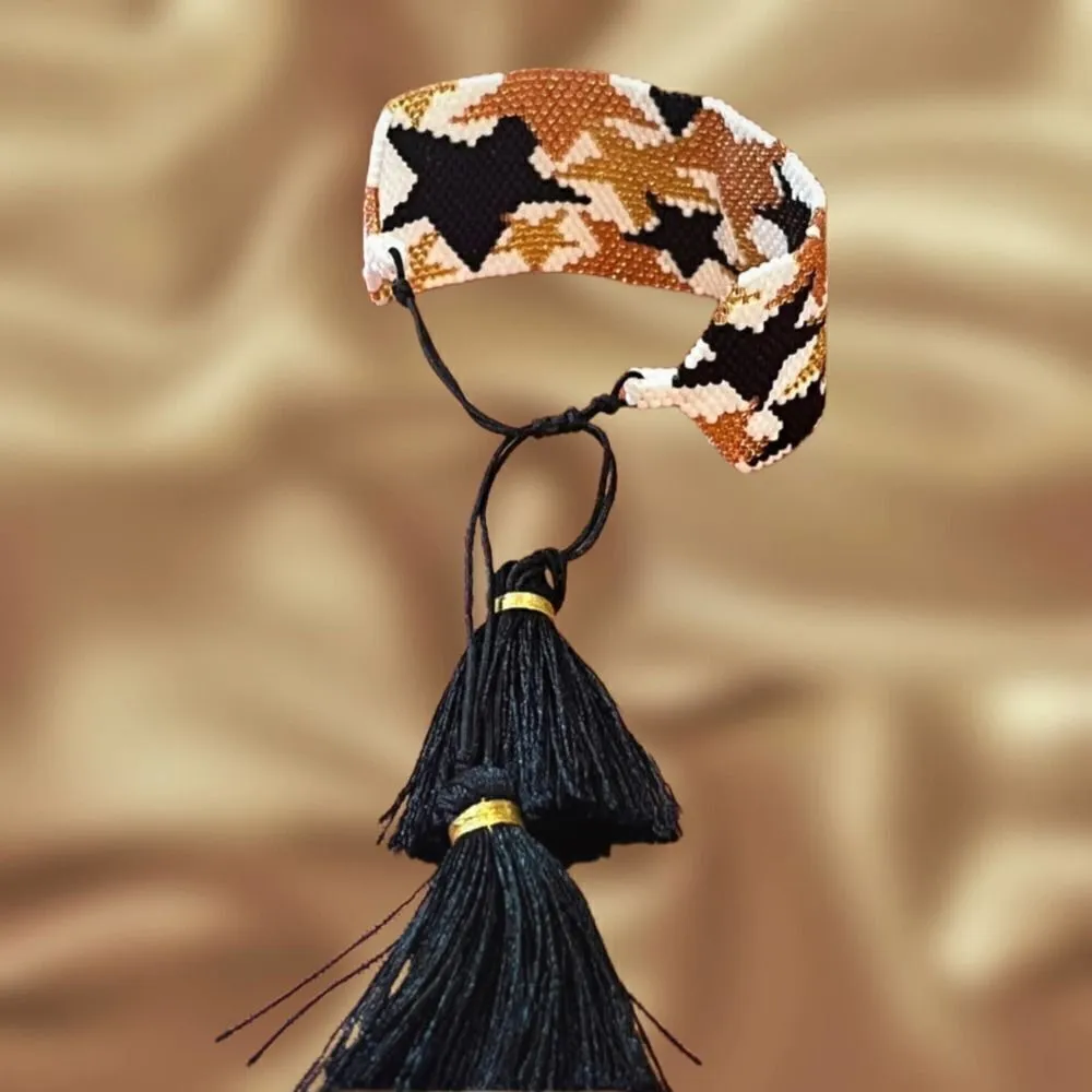 Miyuki Glass Seed Bead Wide Cuff Stars Tassel Bracelet Gold - Image 3