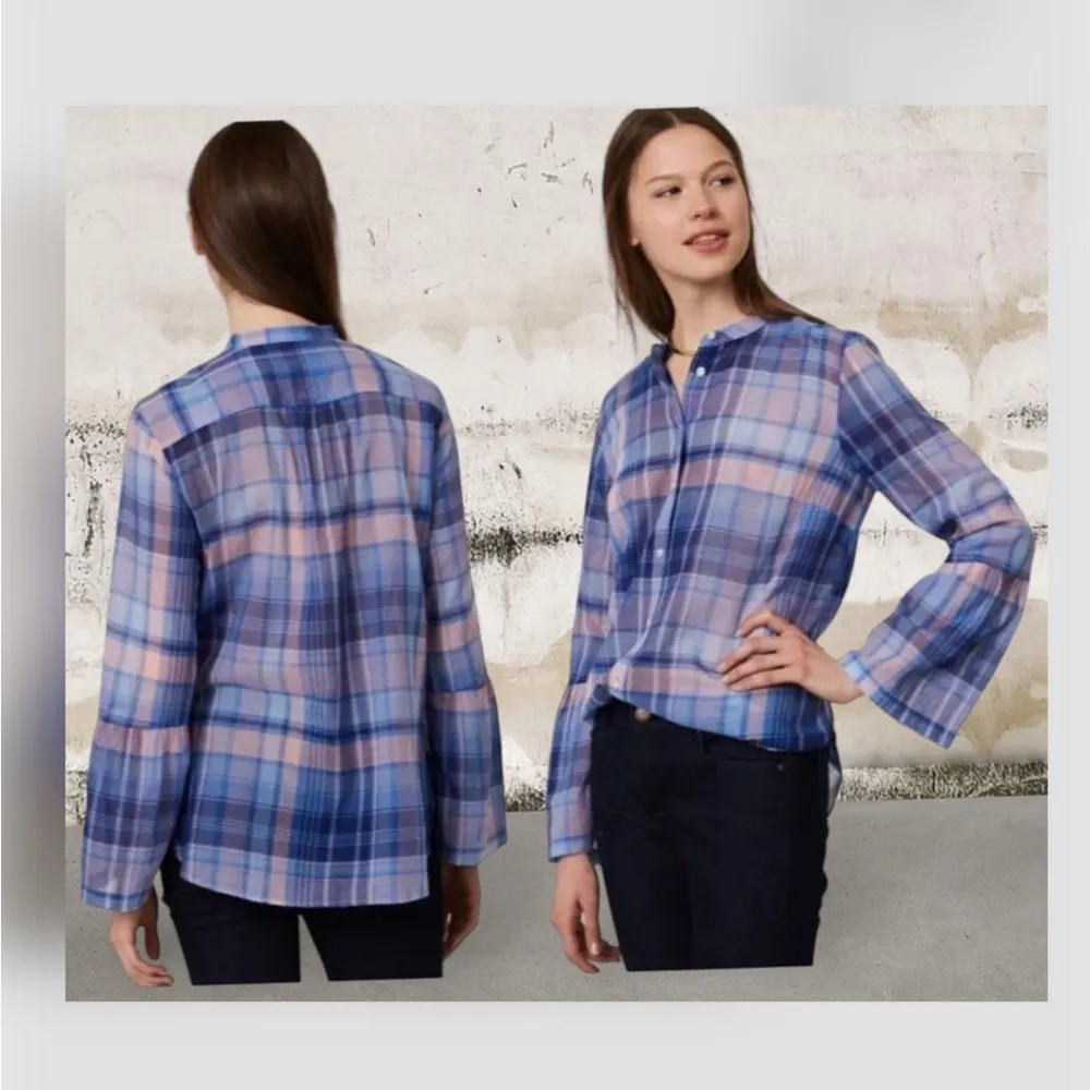 Ann Taylor LOFT Cotton Blue Plaid Bell Sleeve Softened Shirt Top Size Large - Image 9