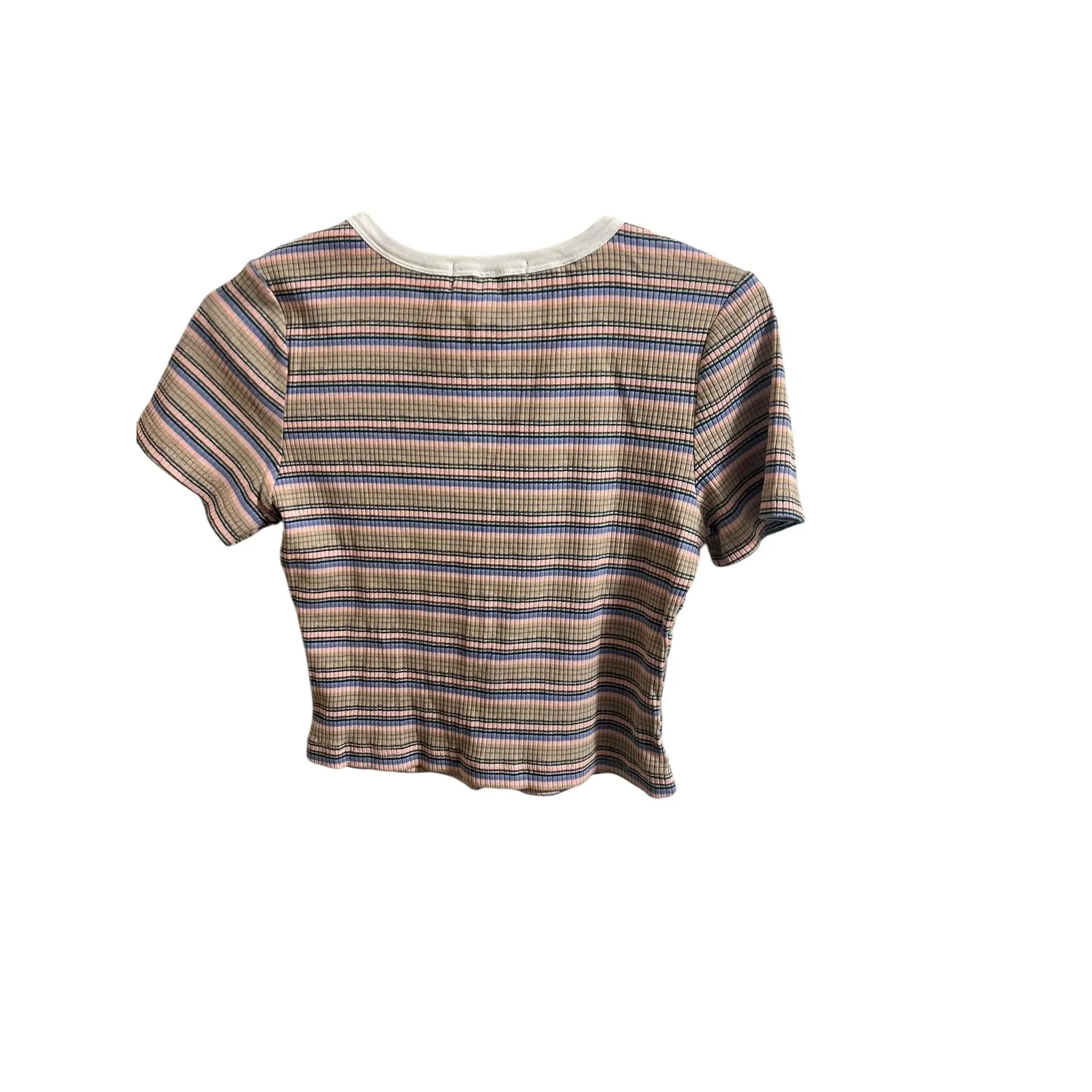 Cotton Emporium Ribbed Striped Crop Top Womens M Pastel Short Sleeve Y2K - Image 4