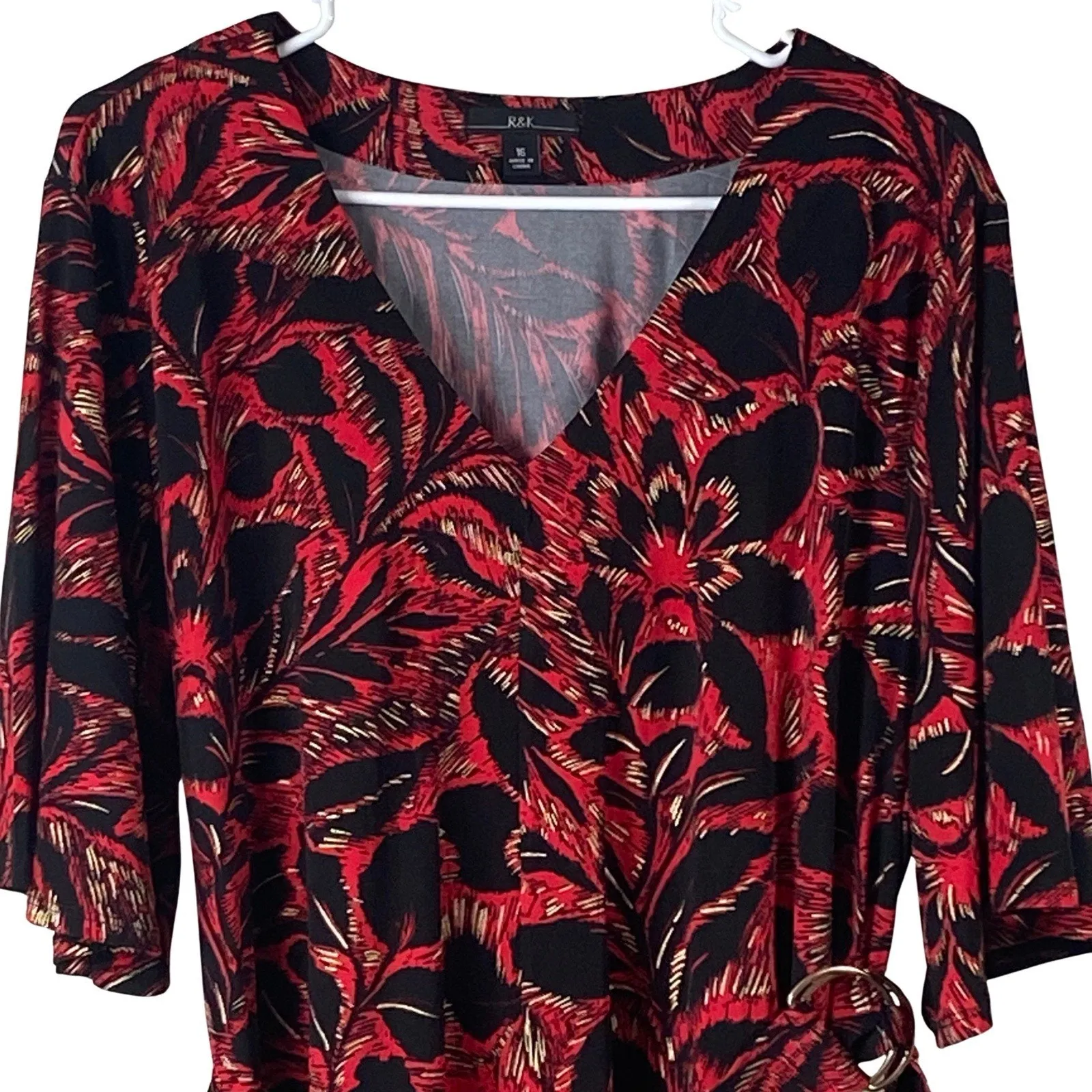 R&K Dress Women's Size 16 Red Black Gold Floral V - Image 2