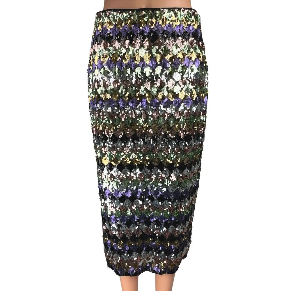 Zara Sequin Glitter Metallic Multicolor Striped Diamond Slit Midi Skirt Size M - Image 6