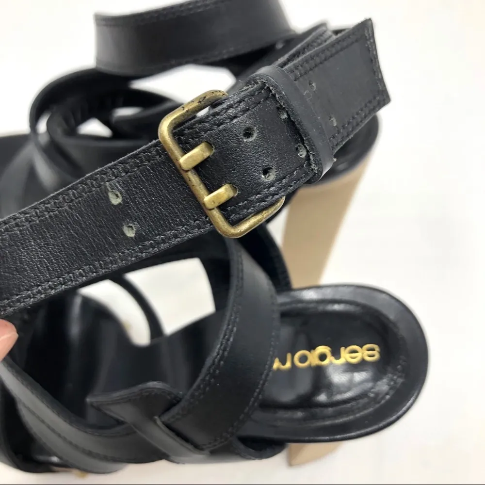 SERGIO ROSSI black leather & fabric, ankle wrap sandals, size 39, made in Italy - Image 14