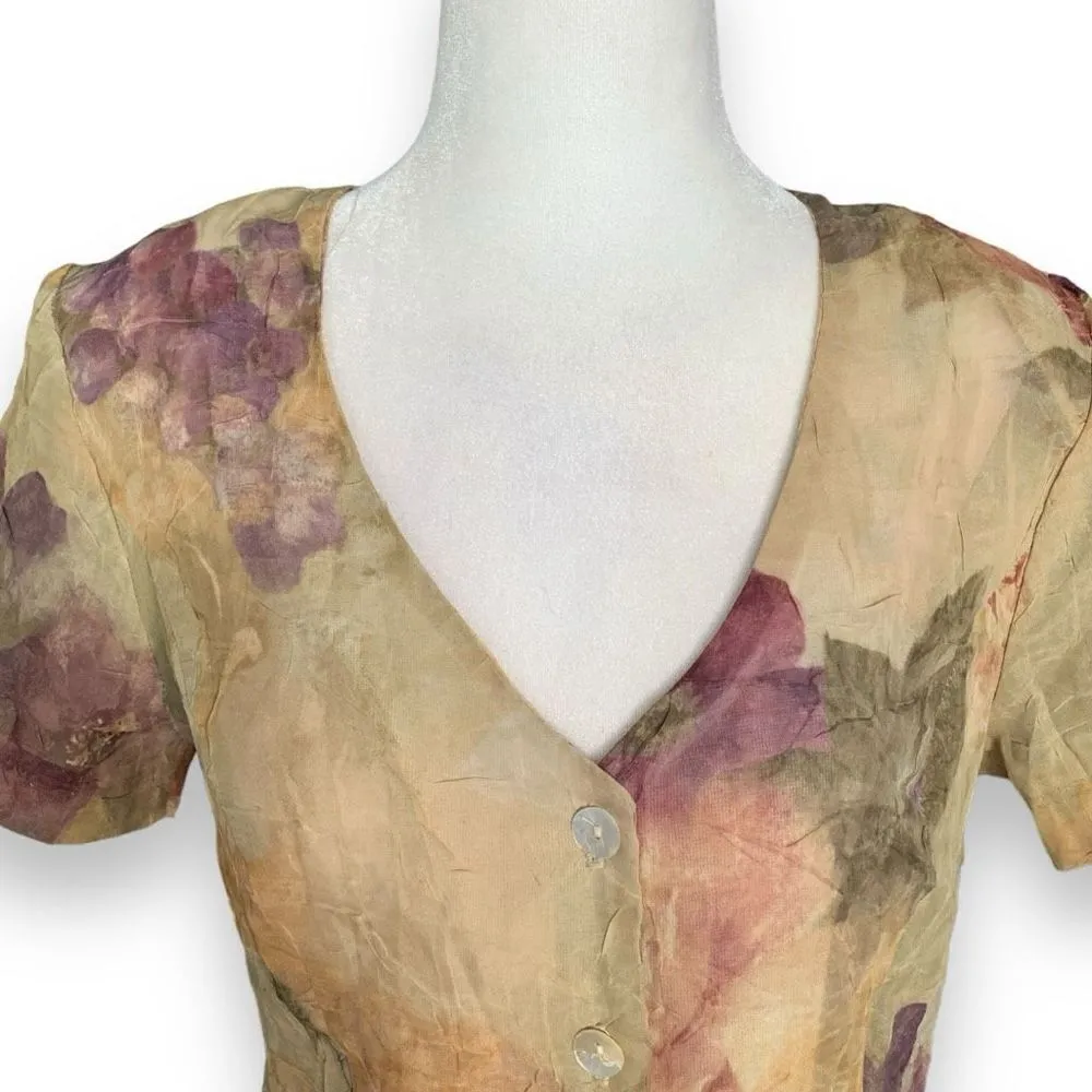 Vintage 90s Blazer Top Sheer Cream Cottage Dark Floral Short Sleeve Crinkle Pink - Image 3