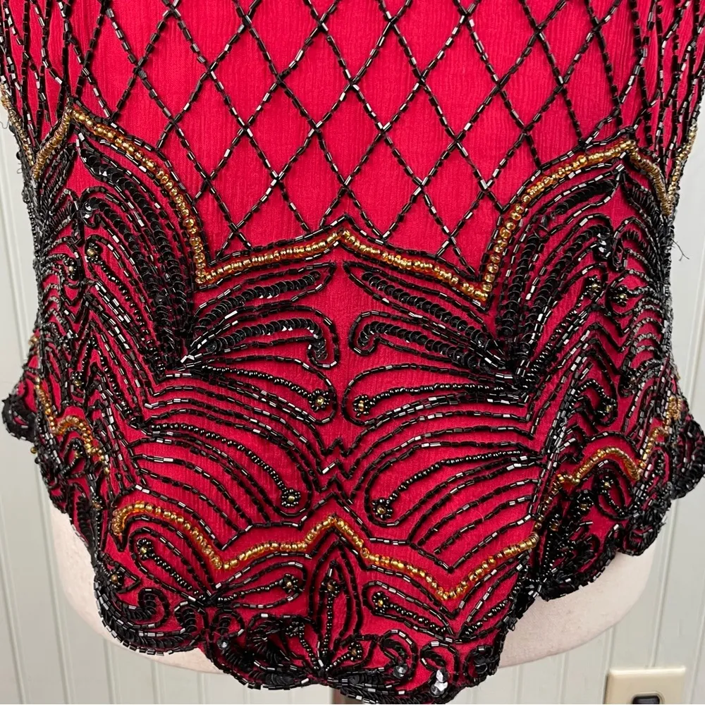 Vintage 80s Papell Boutique Evening Red Silk Beaded Top Women's Size Large - Image 5