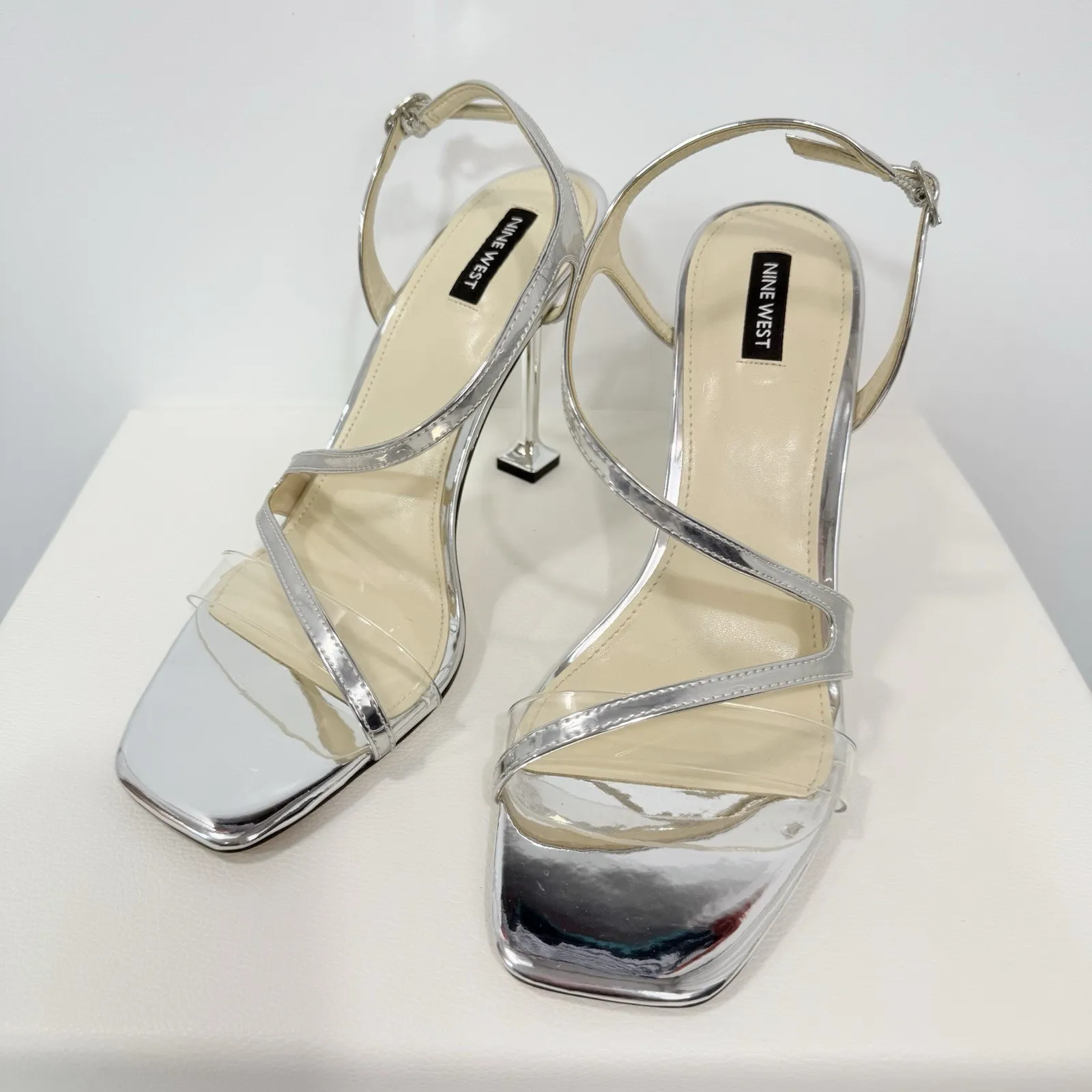 Nine West Heels Pumps Silver Faux Leather Stiletto Open Toe Wo's Size 10 - Image 13