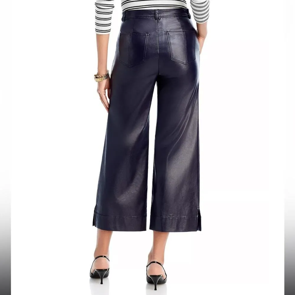 Cinq A Sept Benji Vegan Leather Cropped Seam Navy Flare Leg Pants 14 Blue - Image 10