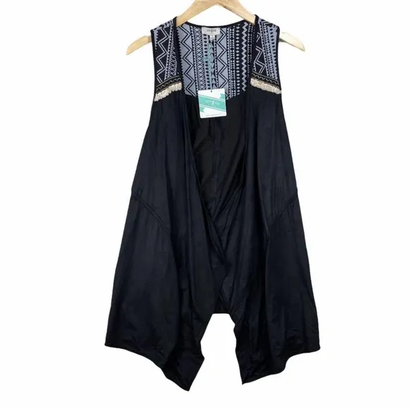 UMGEE Black & White Boho Tribal Longline Vest W/ Festival Fringe-Small - Image 5
