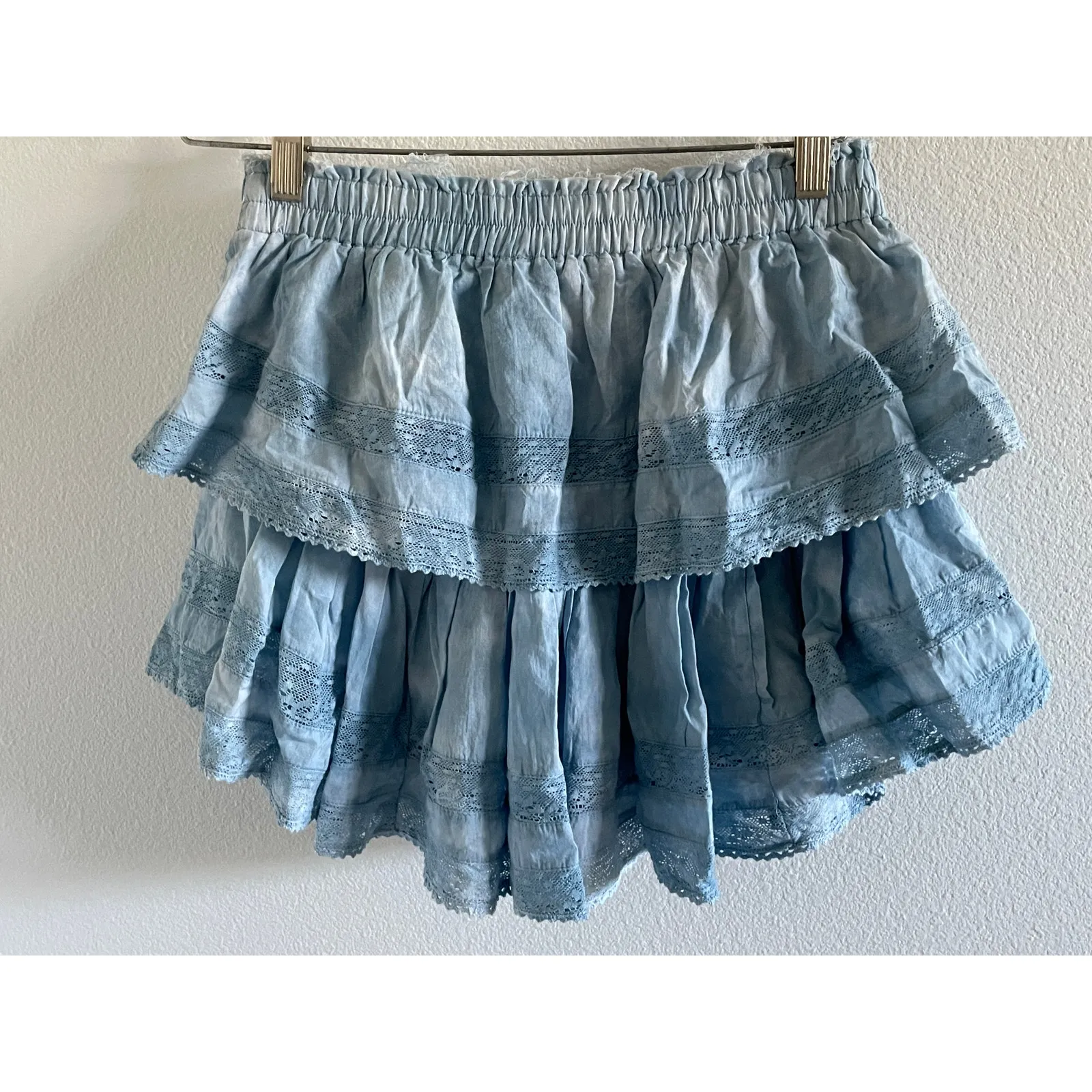 LoveShackFancy Blue Ruffle Mini Skirt – Tiered Lace Trim – Coquette Cottagecore - Image 10