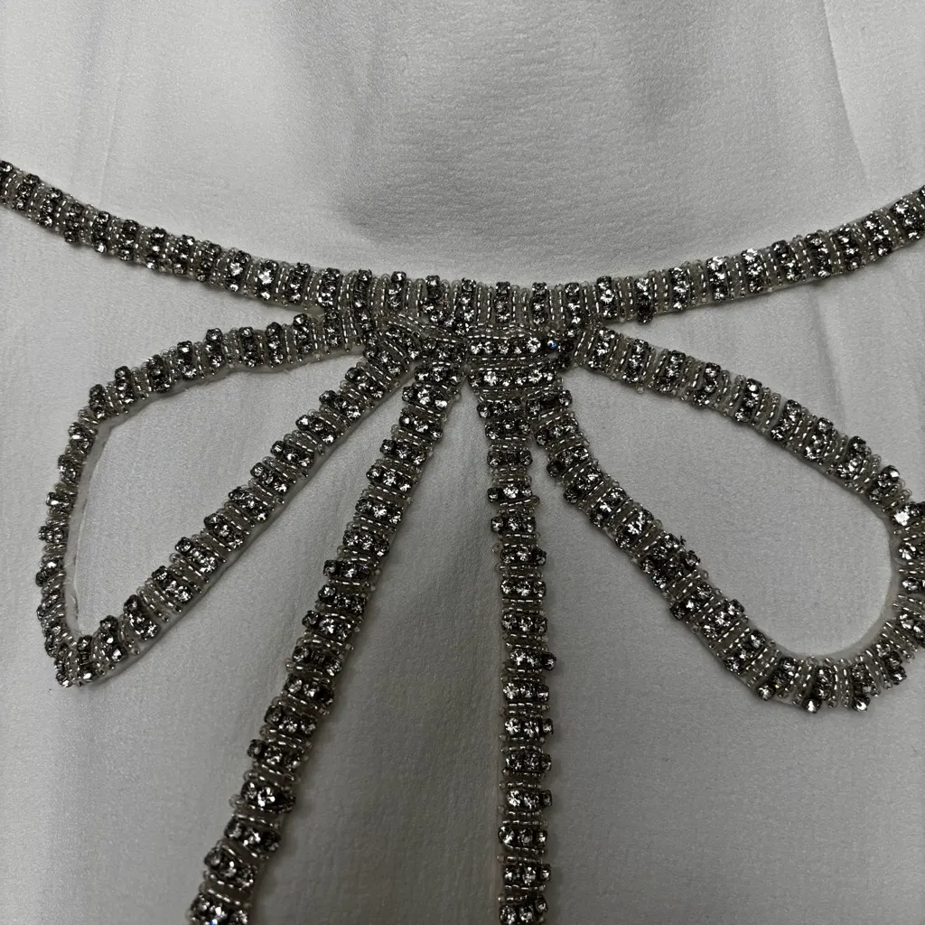 HELSI Grace Sweetheart Strapless Crystal Bow White Midi Dress XS - Image 6