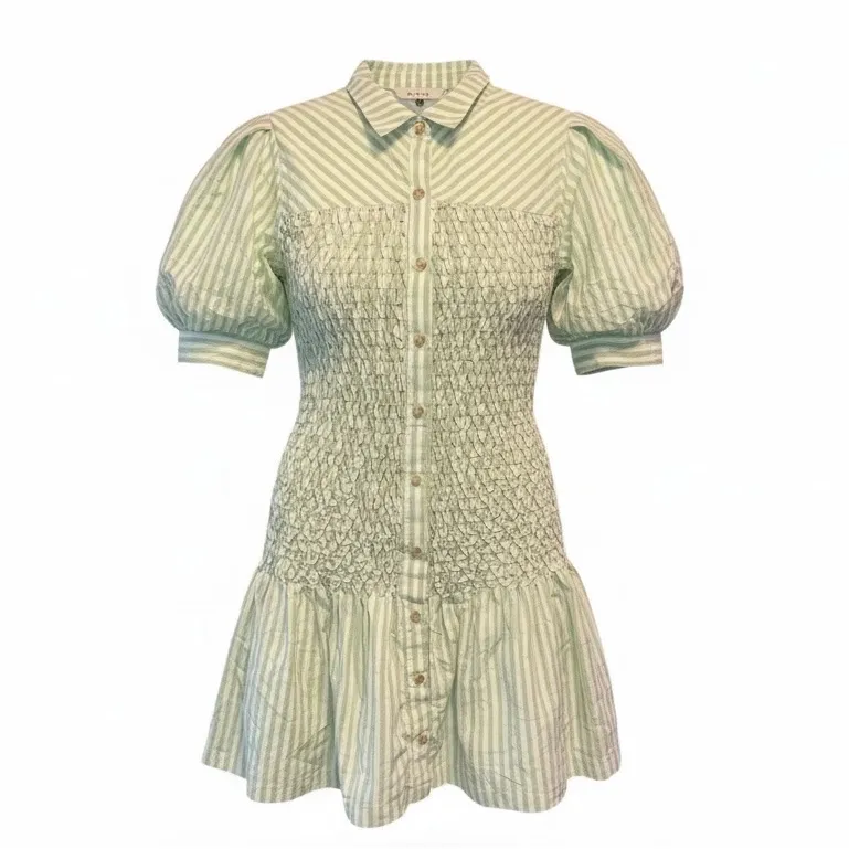 Anthropologie Short-Sleeve Smocked Mini Shirt Dress Green White MP Petite NWT - Image 10