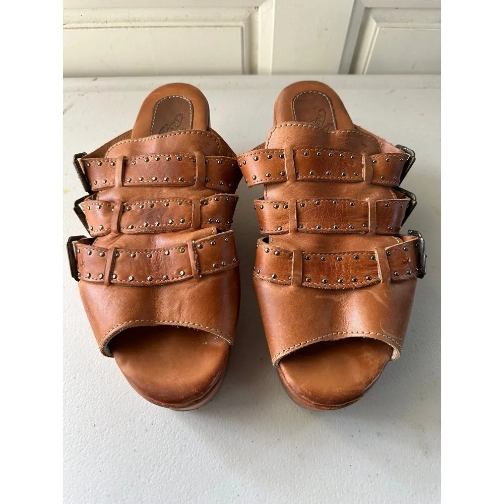 Freebird By Steven Landi Brown Studded Leather Chunky Wooden Platform Sandals 8 - Image 2