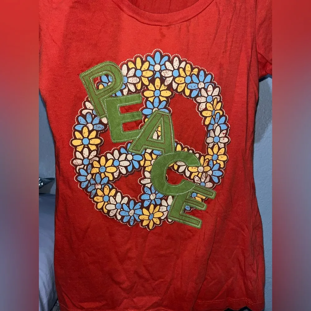 Copper Key Red Orange PEACE Fitted Graphic Tee - Image 5