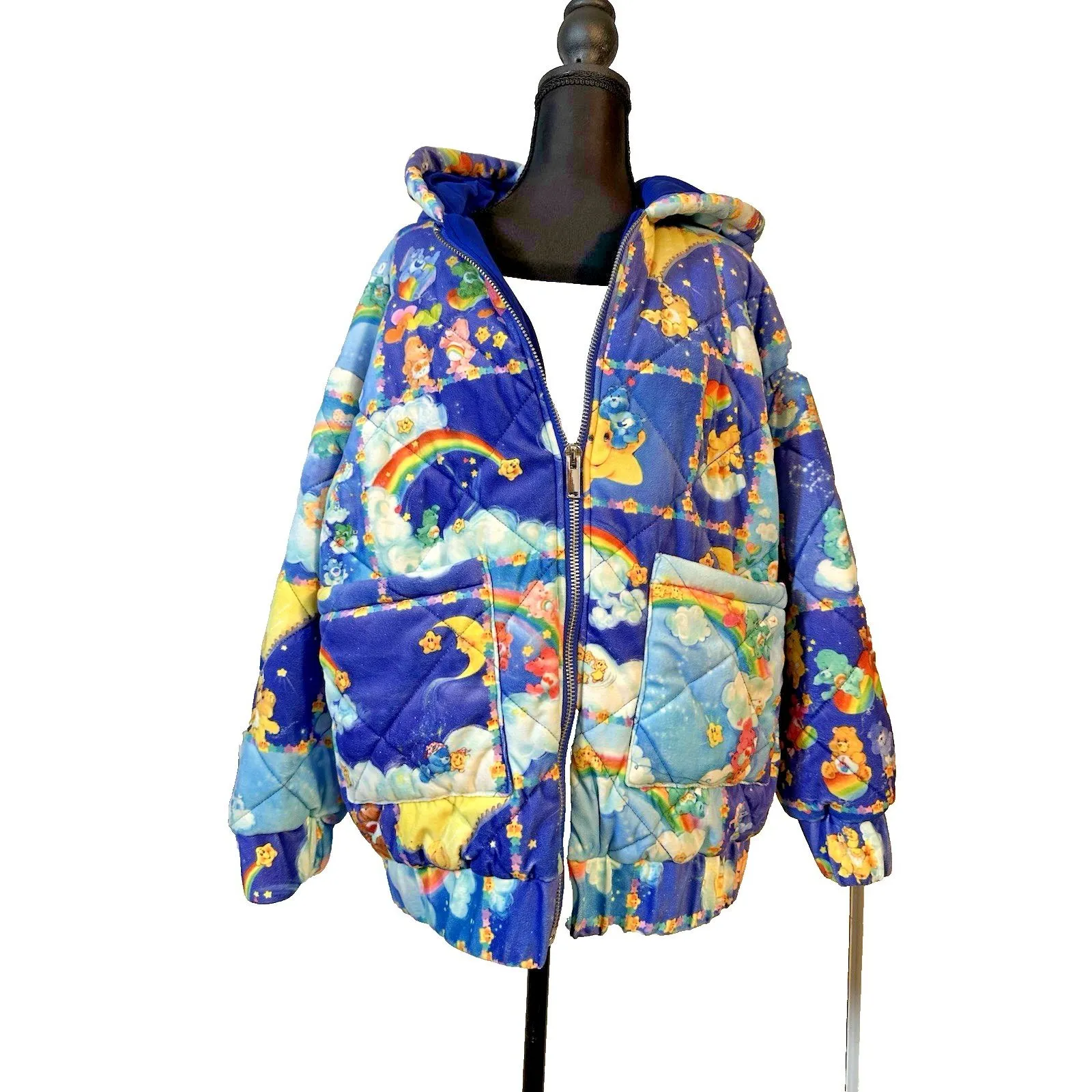 Dolls Kill Care Bears Puffer Jacket Quilted Hooded Rainbow Y2K Rave Sz XS - Image 6