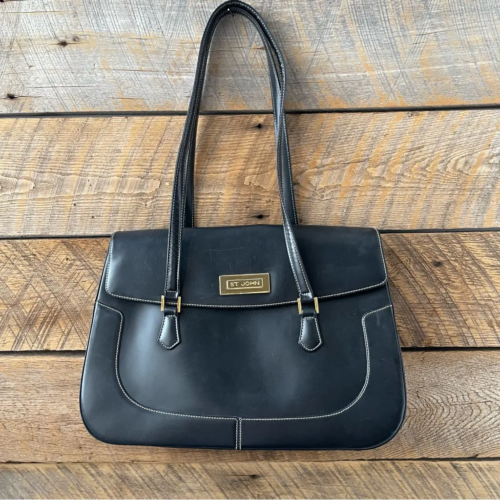 Vtg St. John Black Leather Shoulder Bag Purse Minimalist Gold Hardware Italy - Image 12