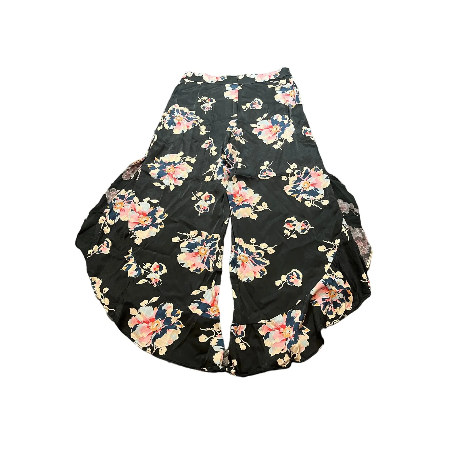 Anthropologie Elevenses Floral Tansy Ruffle Pants Size 4 Black Satin‎ Wide Leg - Image 8