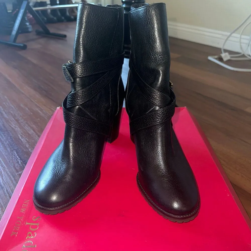 Kate spade Layne black leather buckle stacked heel  booties 8.5 - Image 2