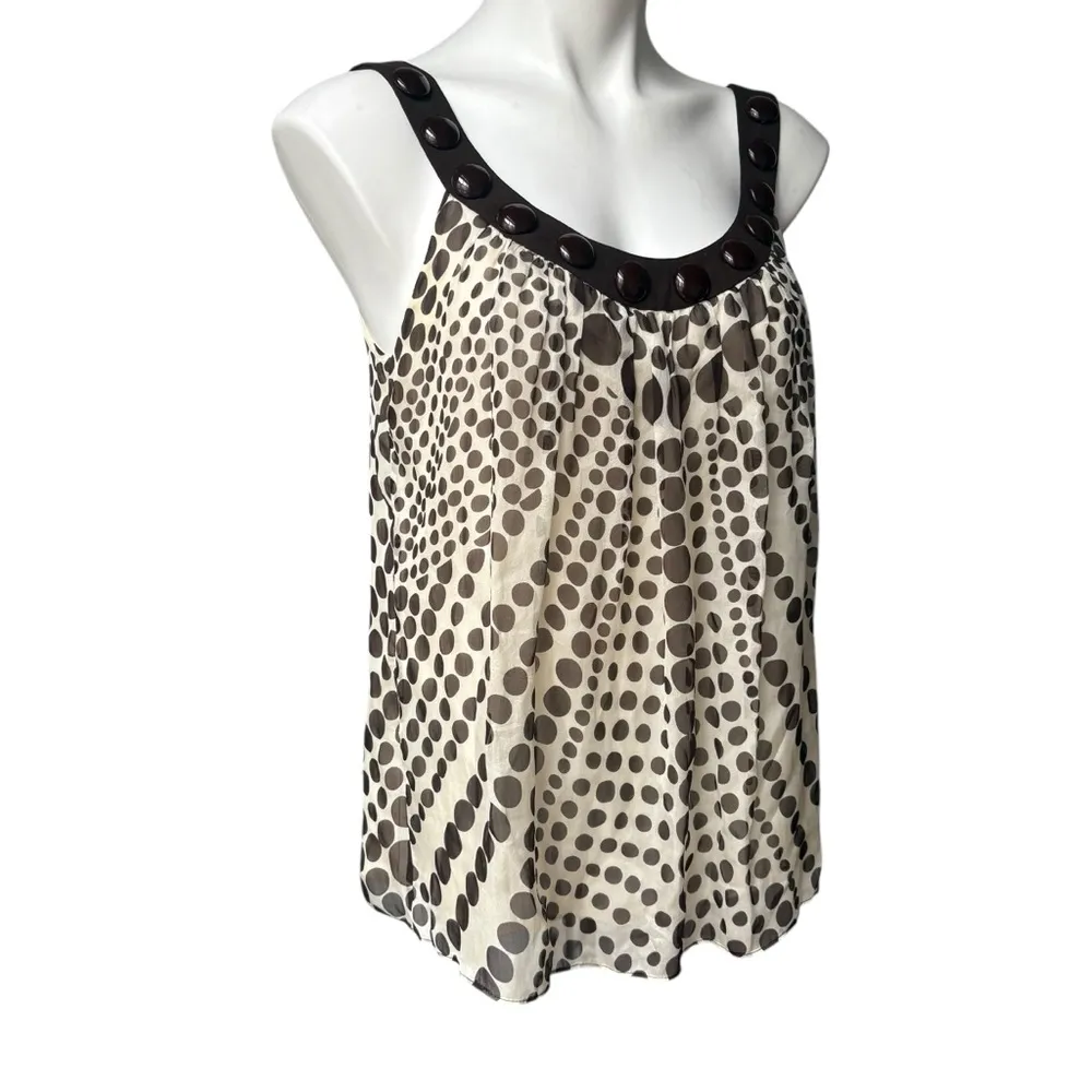MILLY of New York Sleeveless Scoop Neck Ivory Brown Polka Dot Silk Blouse, Sz 2 - Image 3