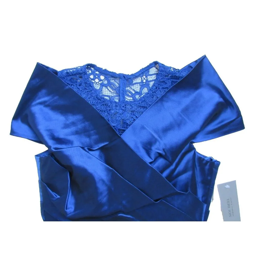 NWT Rickie Freeman for Teri Jon Royal Blue Ruched Off Shoulder Lace Neck Dress 4 - Image 4