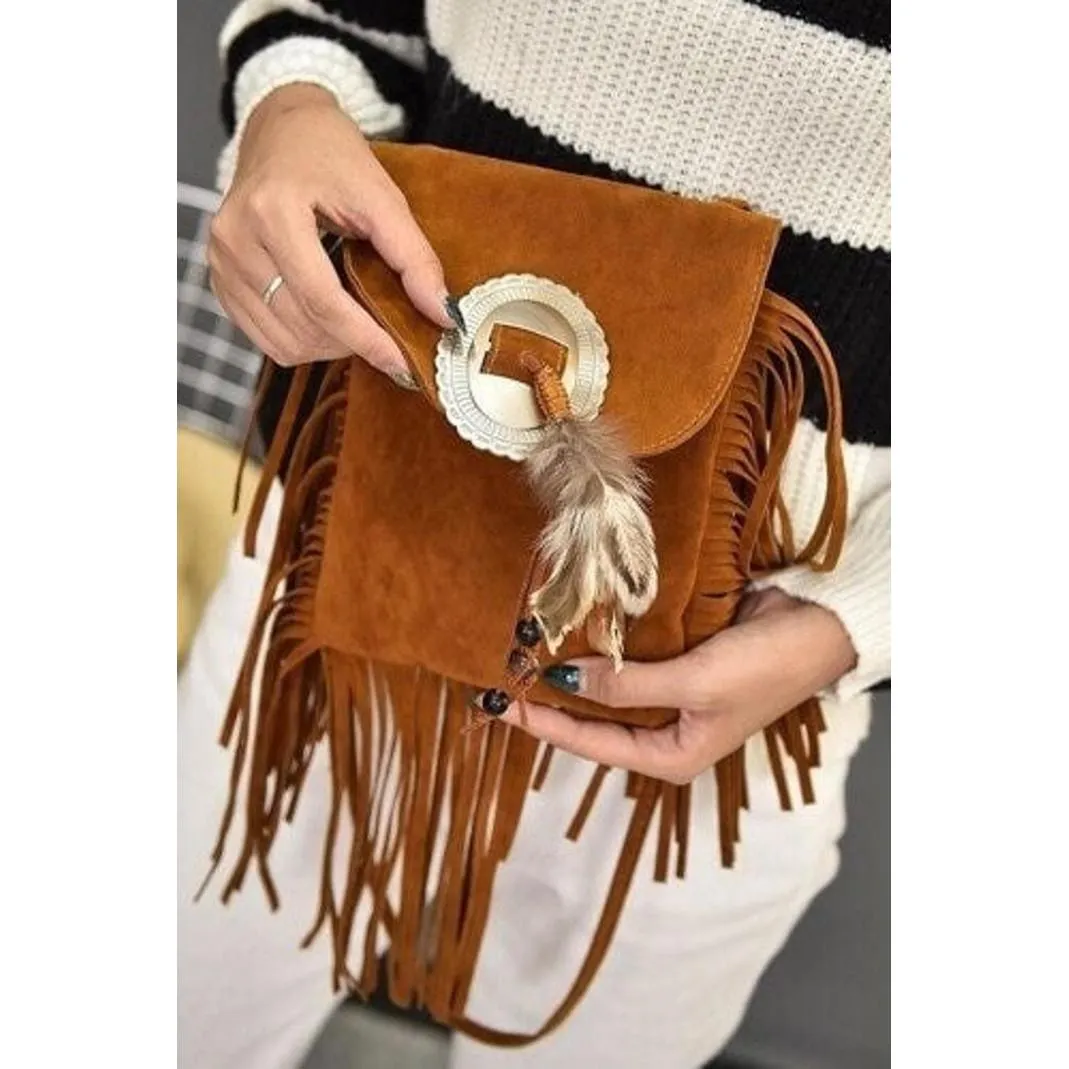 Boho Fringe Crossbody Bag Brown Suede Western Tassel Shoulder Purse NWT - Image 4