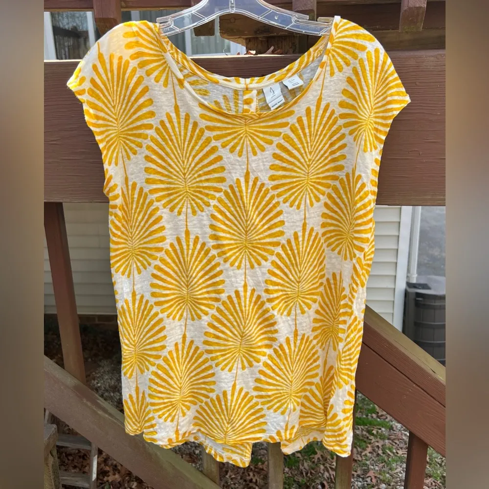 Joie Women’s 100% Linen Mustard Yellow Cap Sleeve Button Back Botanical Top|Sz:L - Image 4